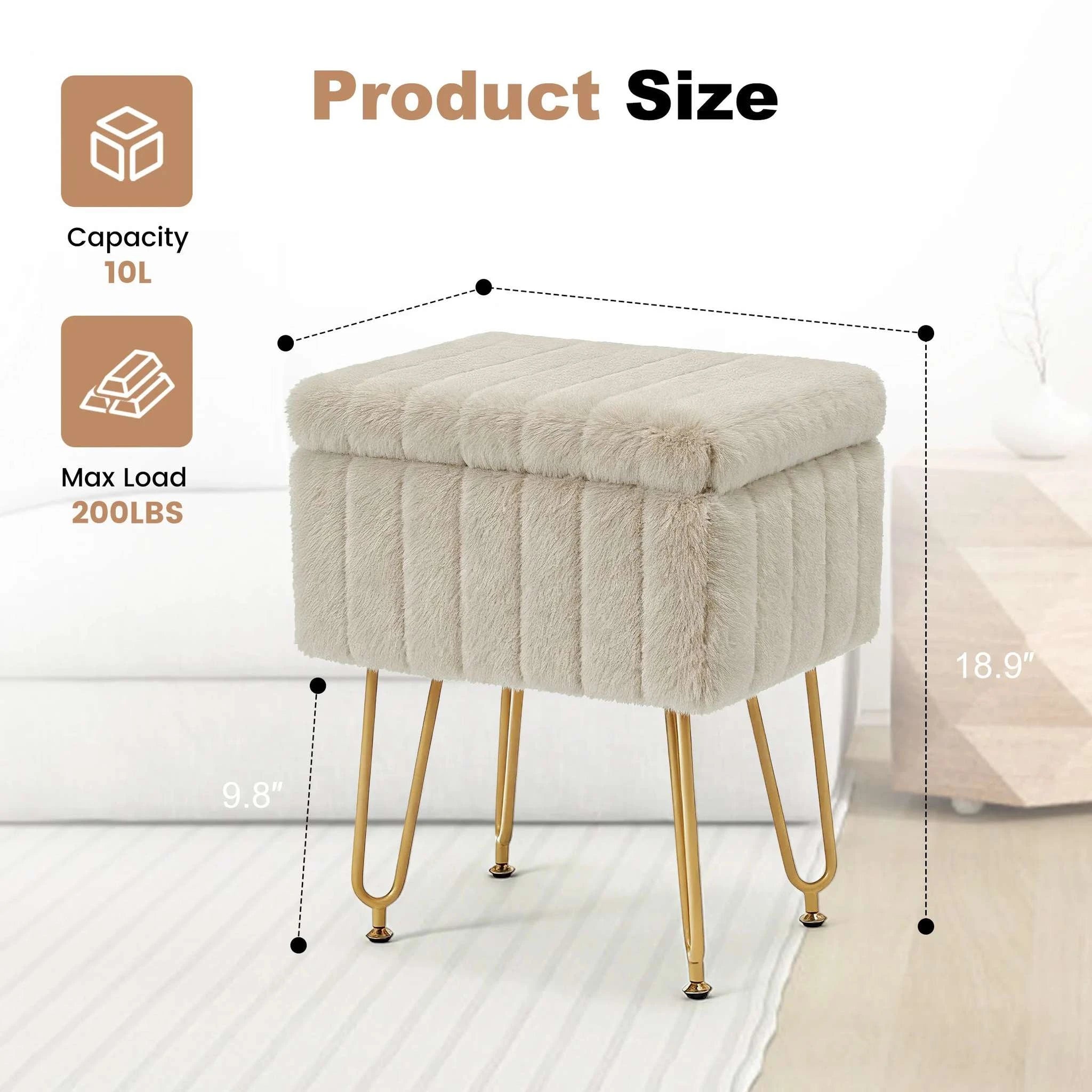 Faux Fur Vanity Stool with Hidden Storage and Metal Legs-light green / United States