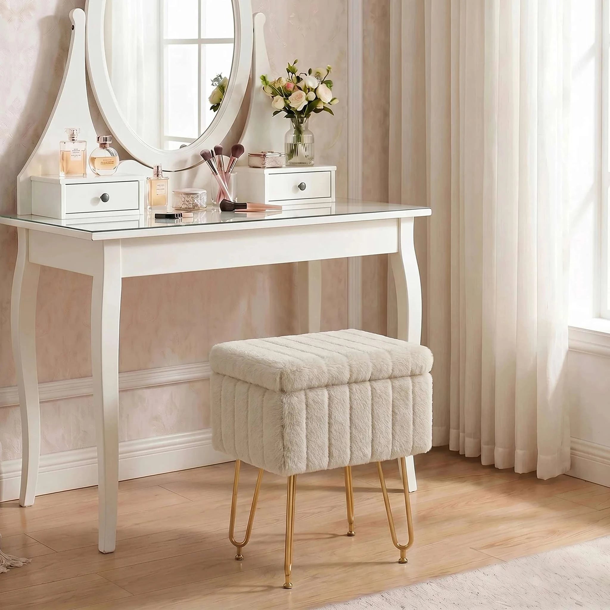 Faux Fur Vanity Stool with Hidden Storage and Metal Legs-light green / United States