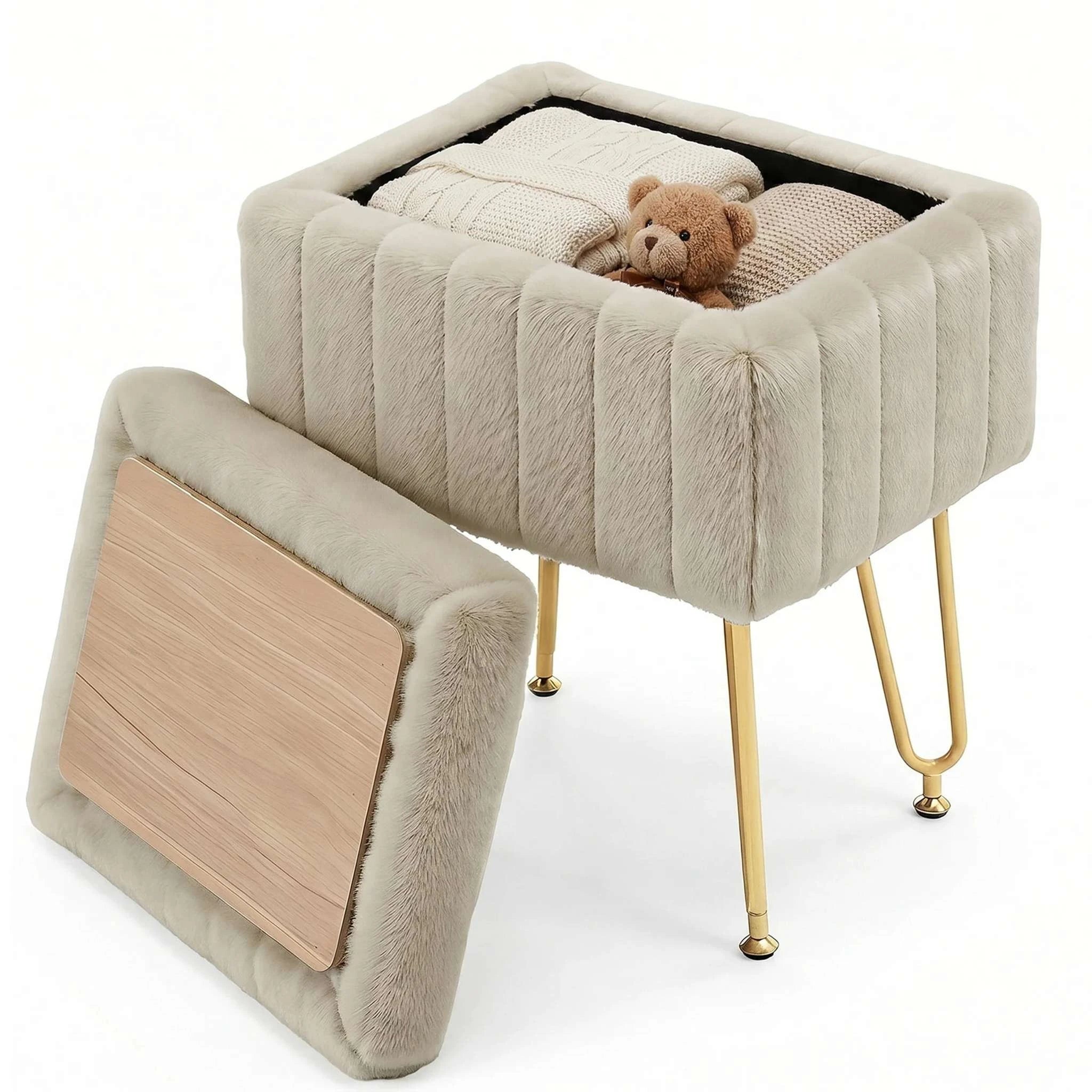 Faux Fur Vanity Stool with Hidden Storage and Metal Legs-light green / United States