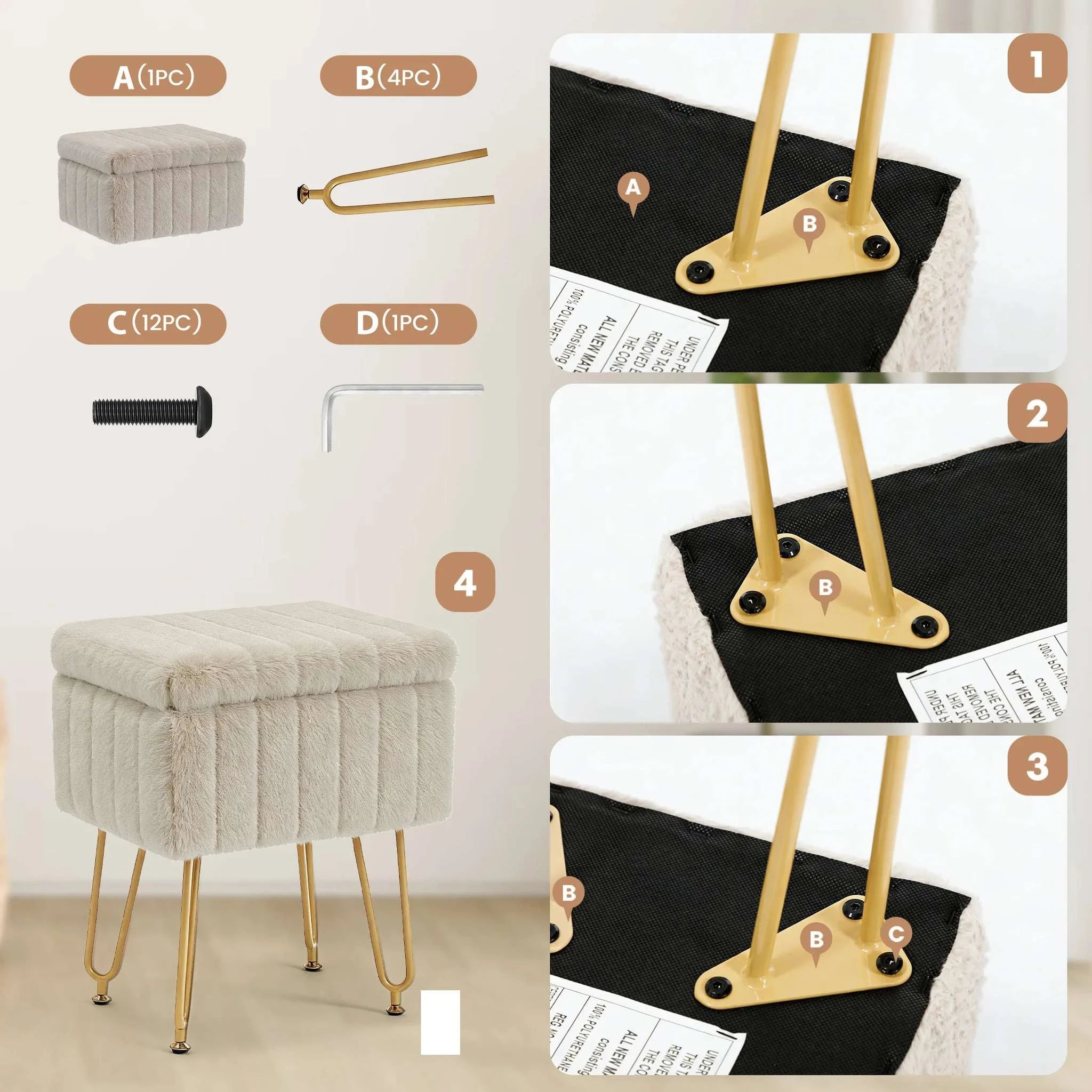 Faux Fur Vanity Stool with Hidden Storage and Metal Legs-light green / United States