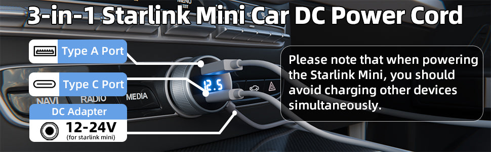 Starlink мини адаптер за запалка с USB C 3 в 1, кабел за повишаване на напрежението Starlink Mini 36V 1.67A изход, 12V-36V вход, 18 AWG