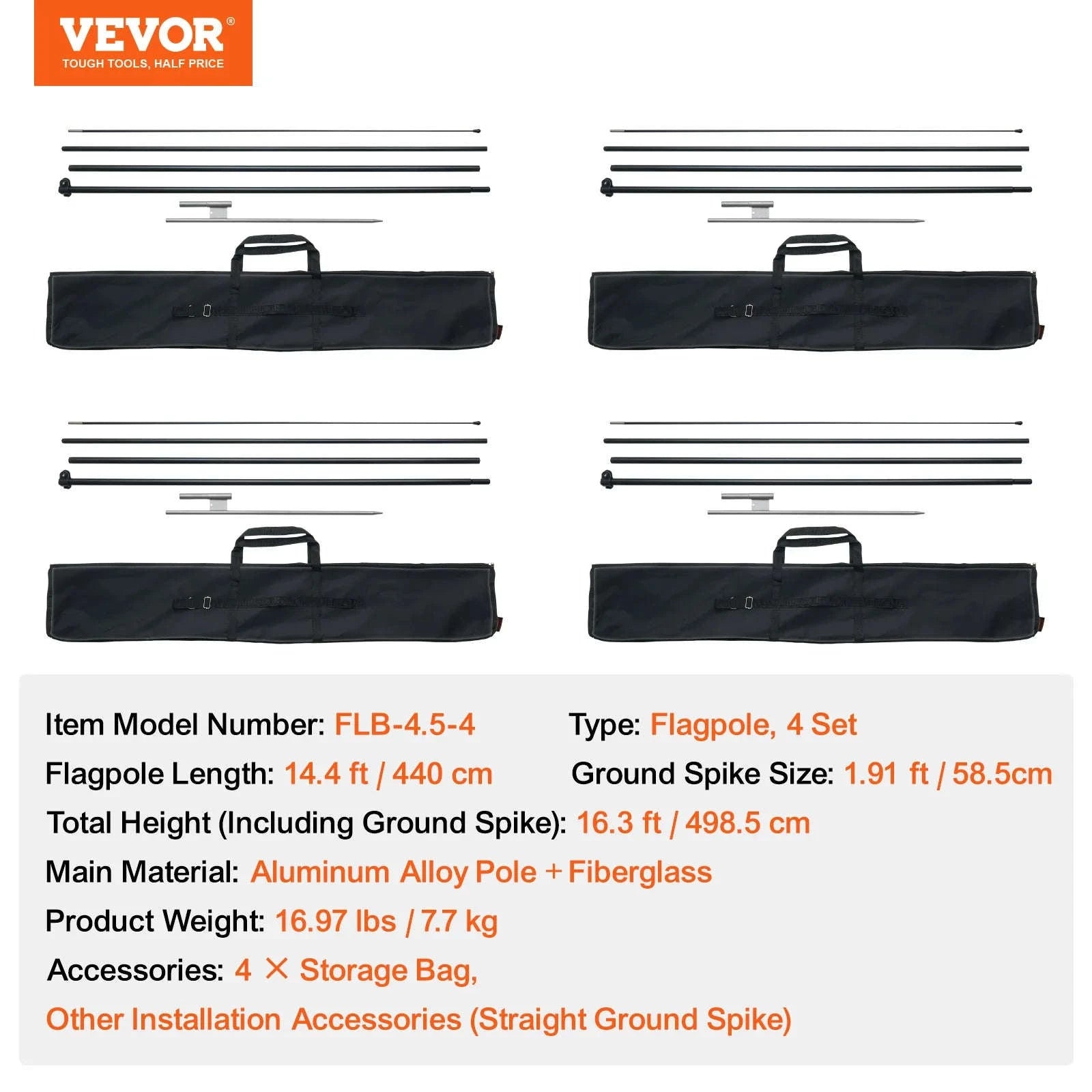 Feather Flag Pole Kit 3-Pack 16.3 ft with Ground Stakes-Pole2set 8.15lbs / United States