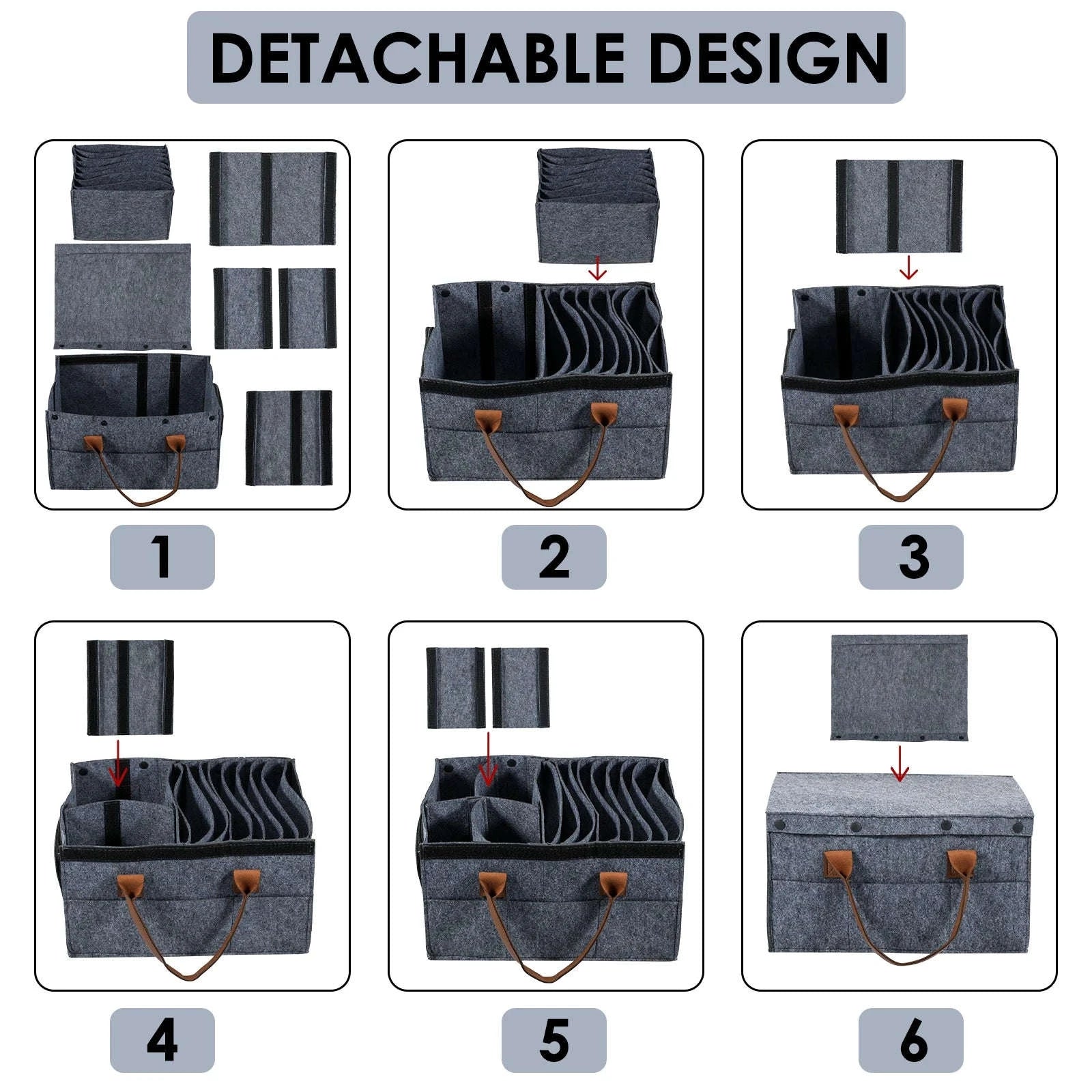 Felt Dish Storage Container with Dividers and Side Pockets-Grey