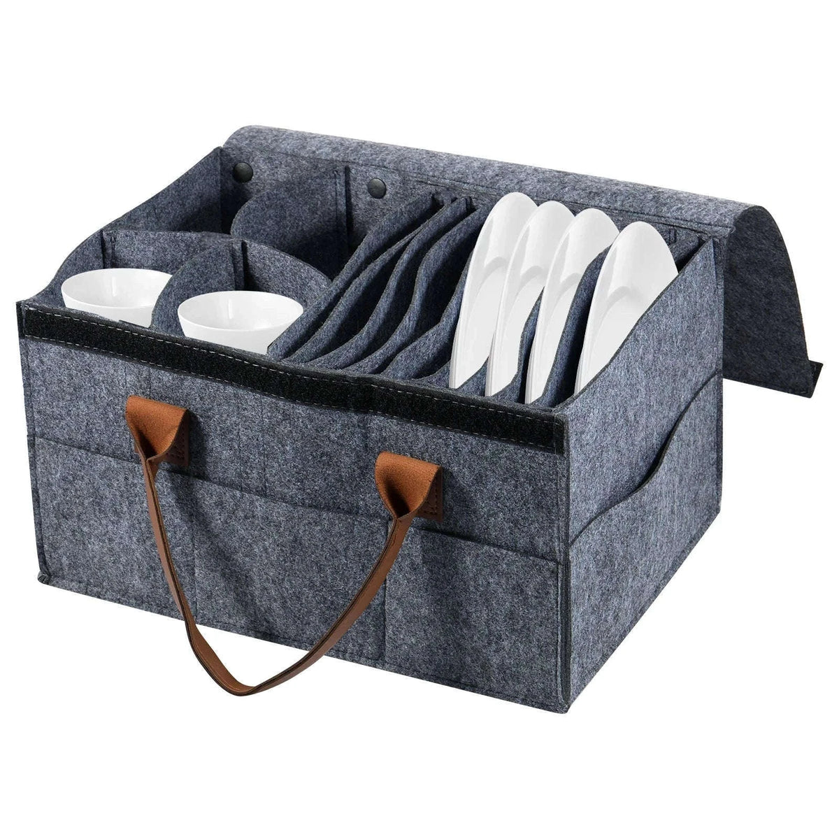 Felt Dish Storage Container with Dividers and Side Pockets-Grey