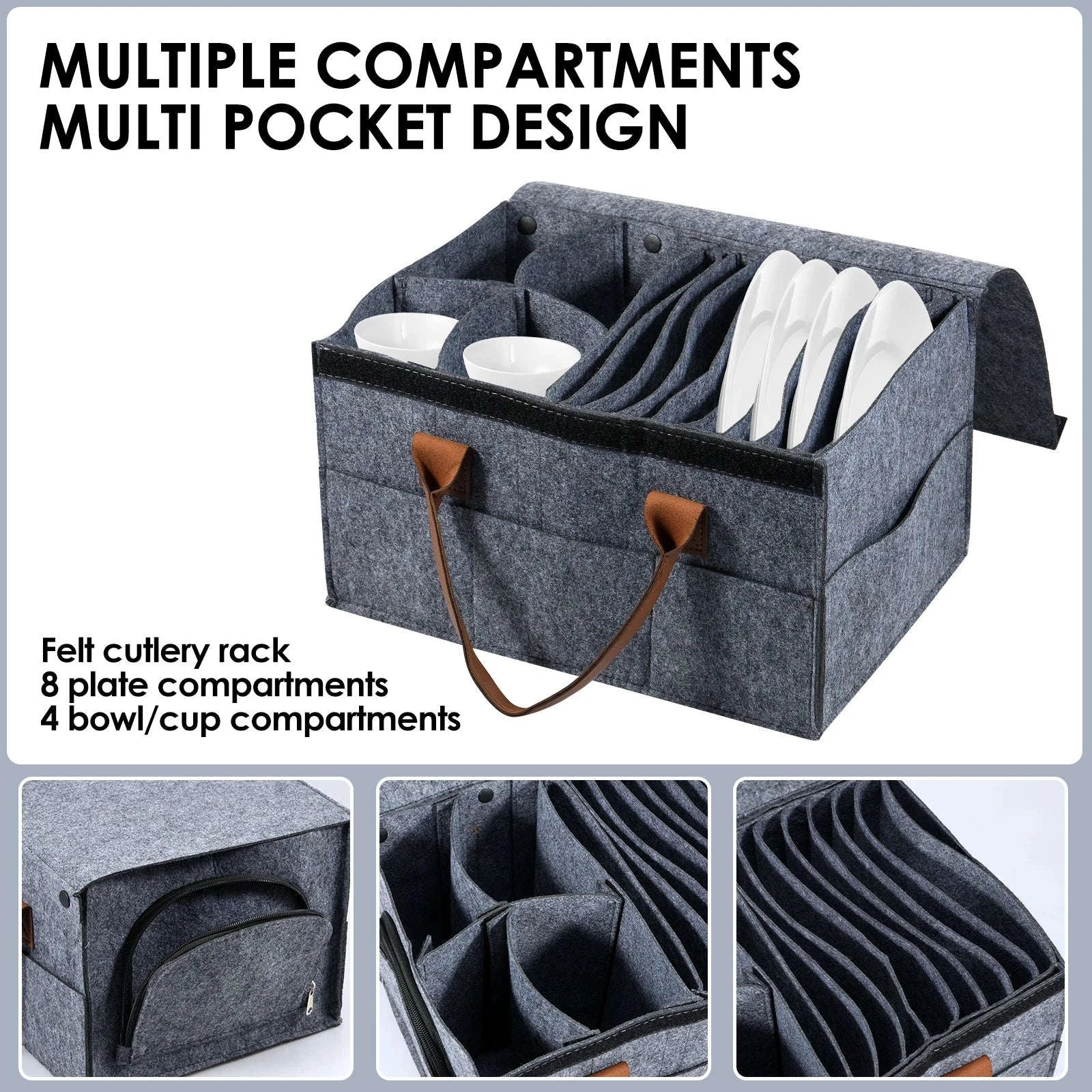 Felt Dish Storage Container with Dividers and Side Pockets-Grey