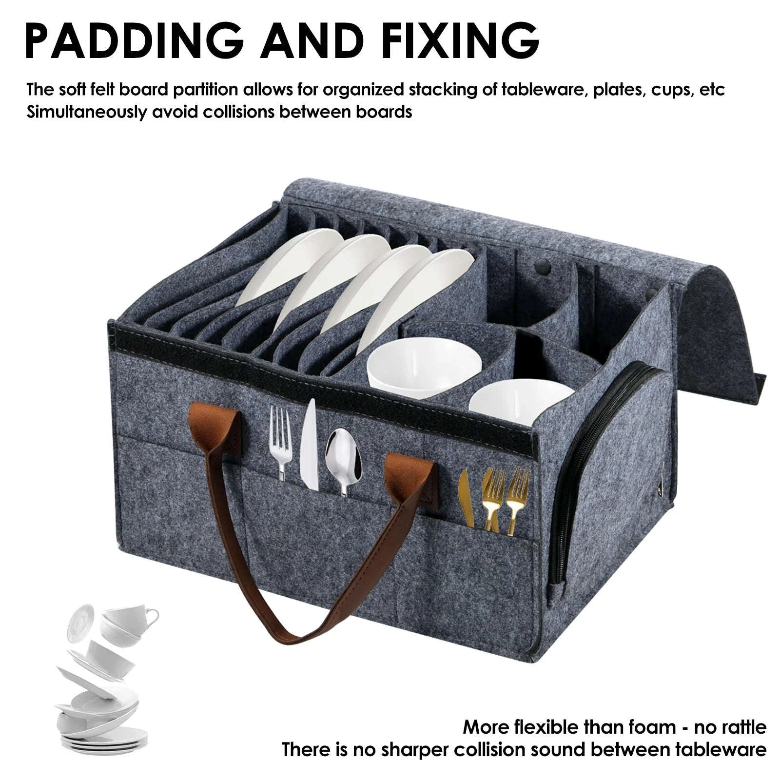 Felt Dish Storage Container with Dividers and Side Pockets-Grey