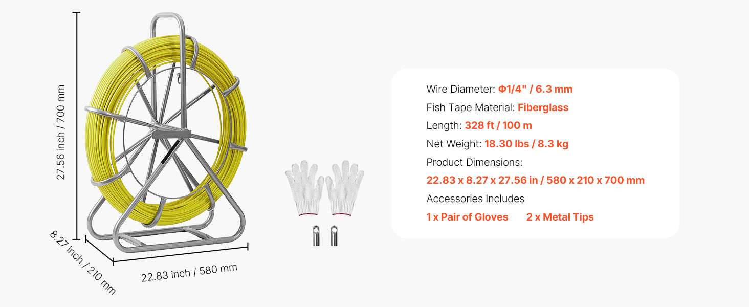 Fiberglass Fish Tape 328/500 ft 1/4" Cable Puller with Stand-500ft / United States