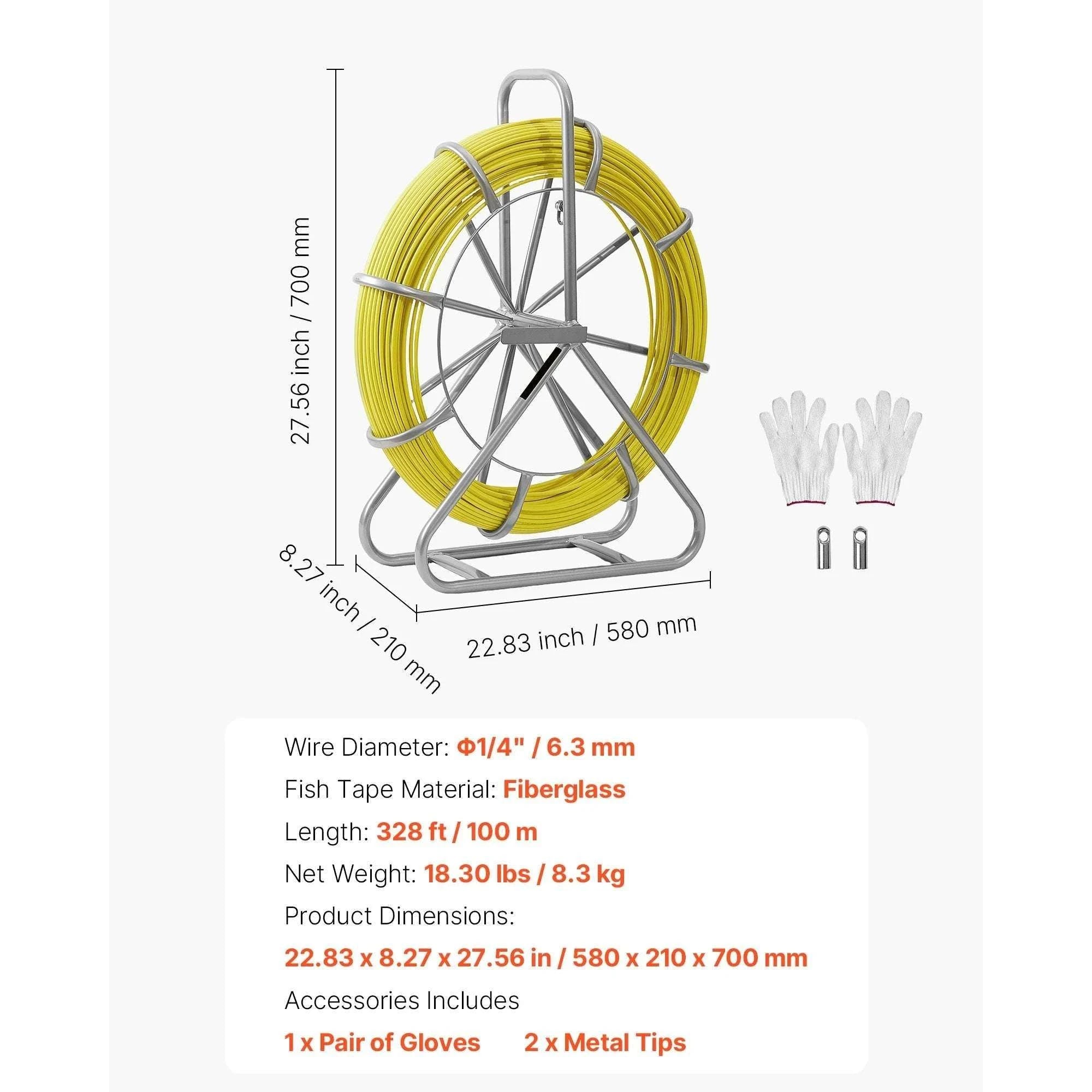 Fiberglass Fish Tape 328/500 ft 1/4" Cable Puller with Stand-500ft / United States
