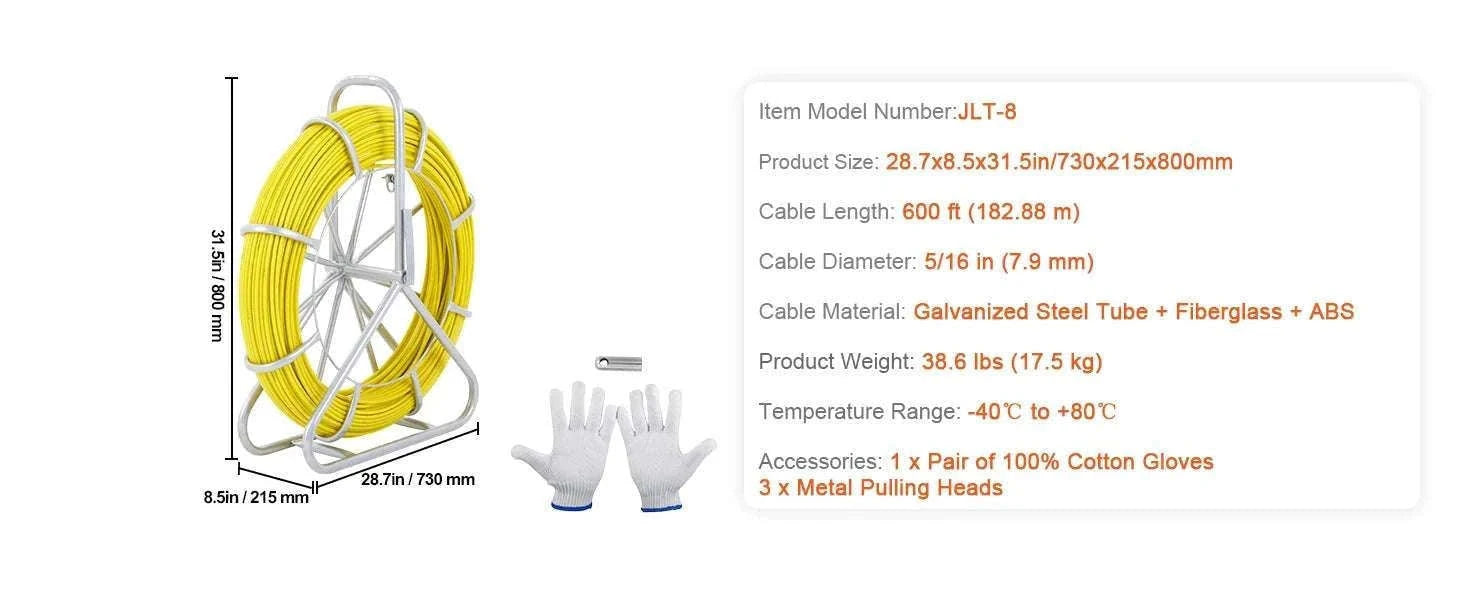 Fiberglass Fish Tape Wire Puller 425–656 ft Duct Rodder Kit-5-16 in x 492 ft / france