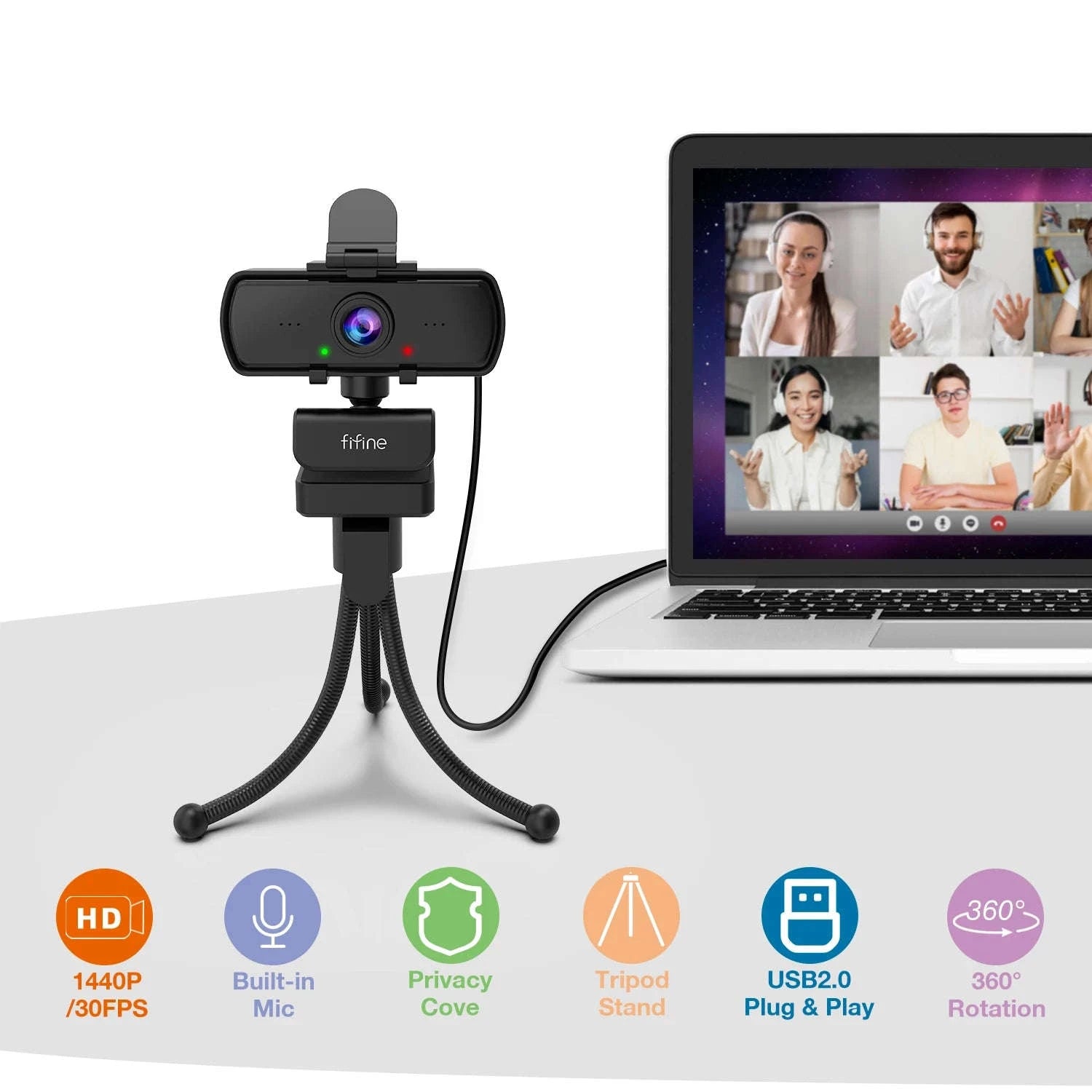 FIFINE 1440p Full HD PC Webcam with Microphone and Tripod-Default Title