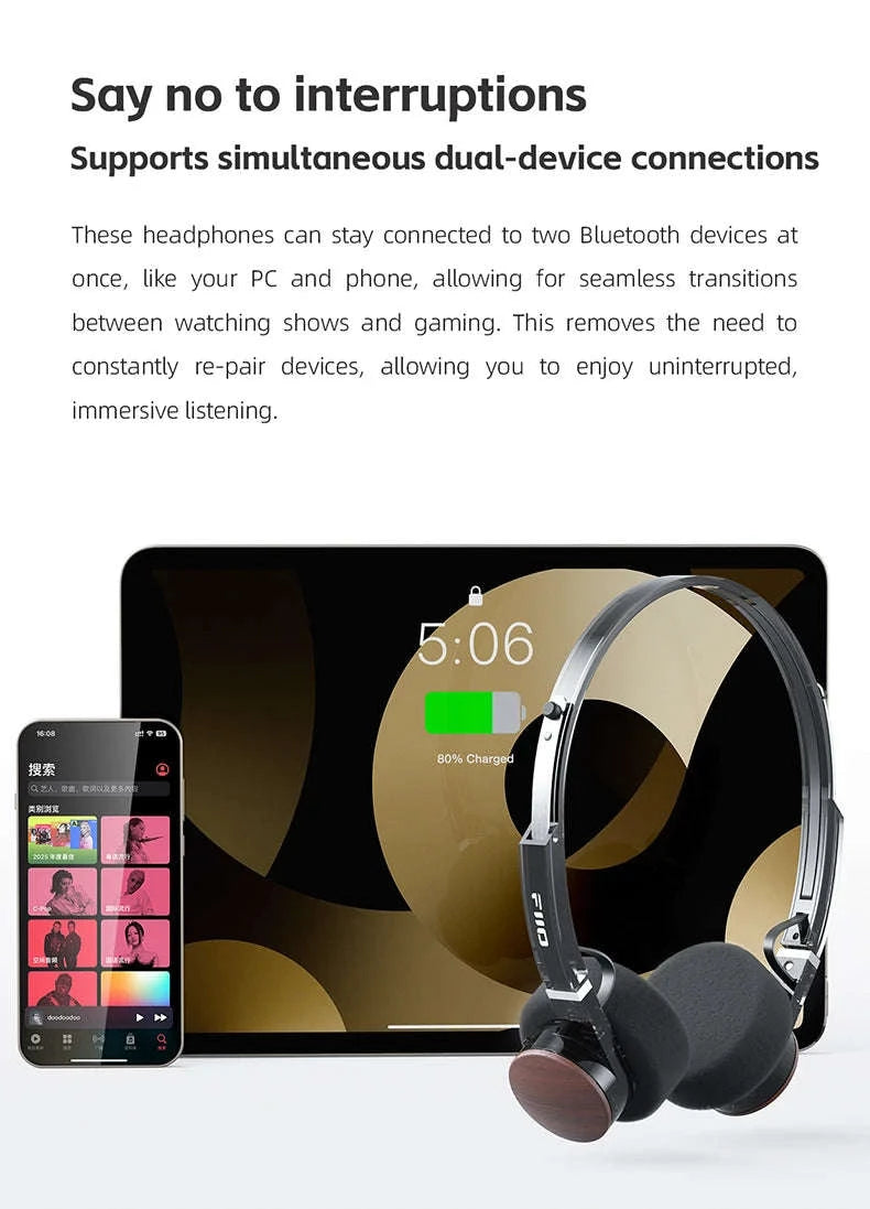 FiiO EH11 Bluetooth On-Ear Headphones with LDAC, 30H Battery & Dual Device-Transparent Black