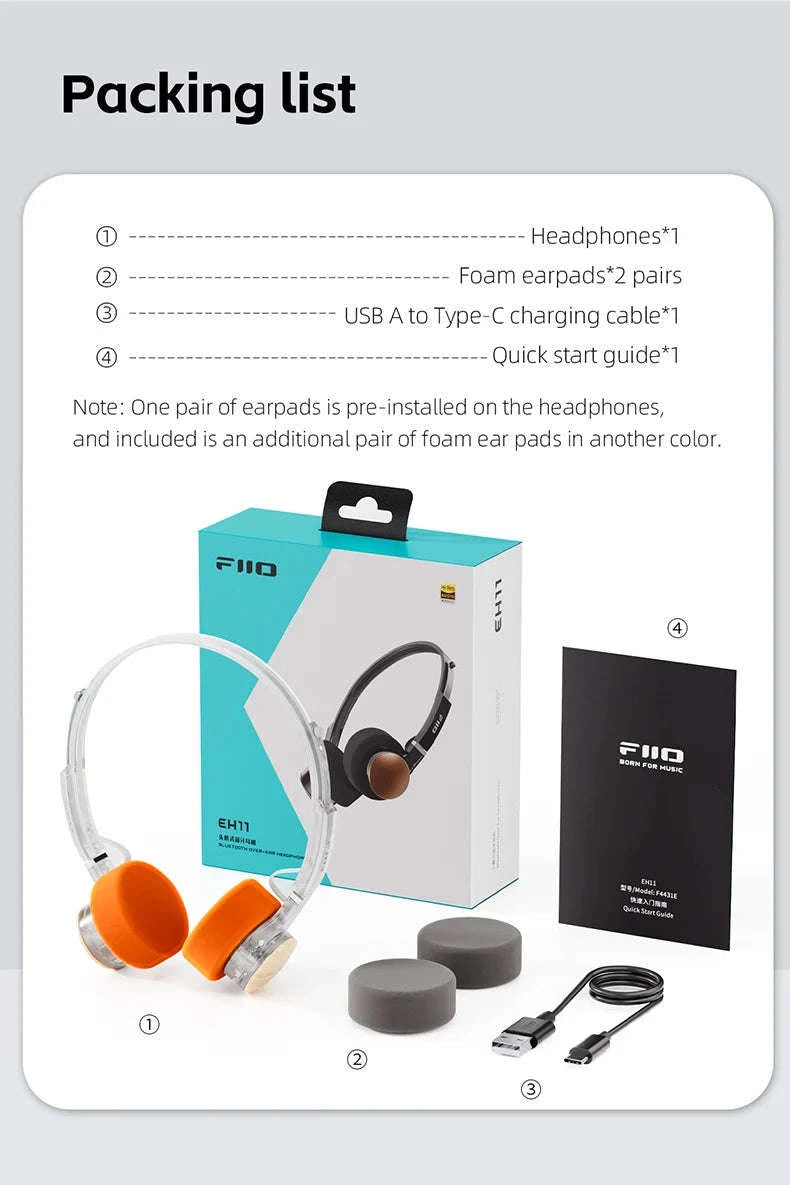 FiiO EH11 Bluetooth On-Ear Headphones with LDAC, 30H Battery & Dual Device-Transparent Black
