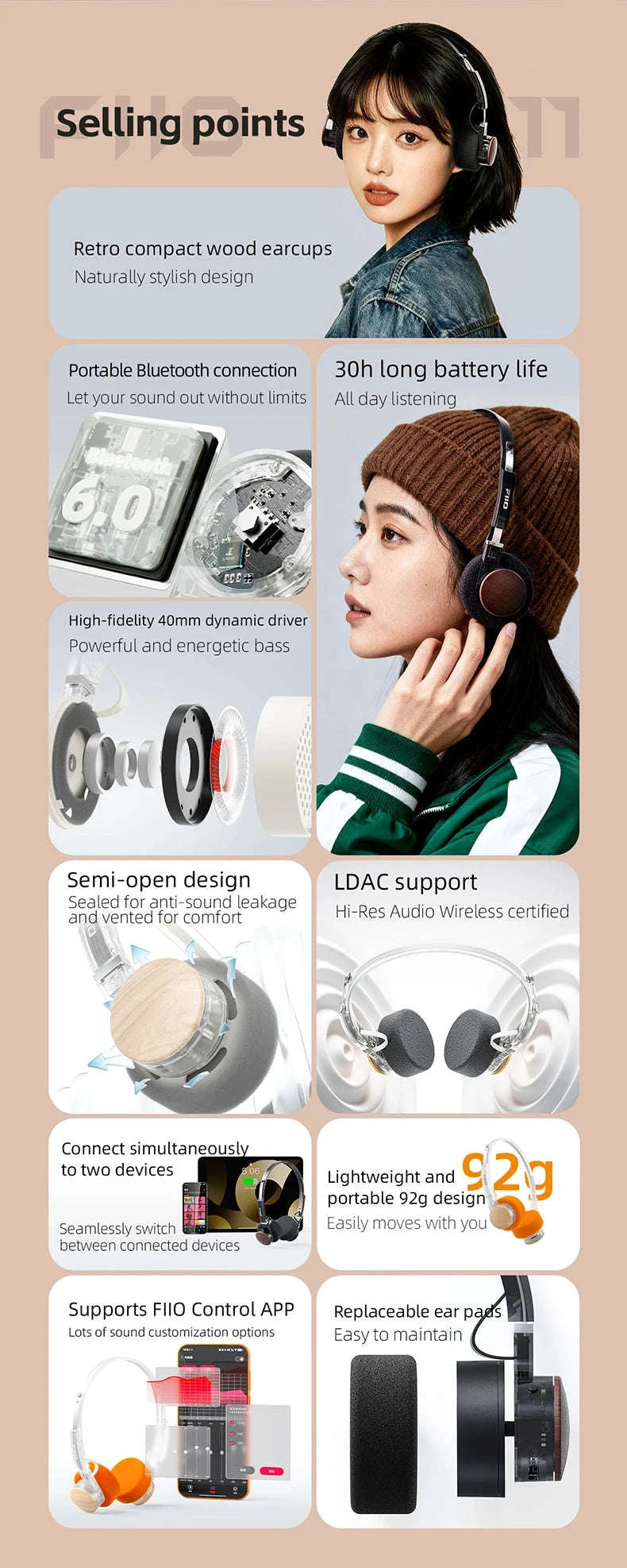 FiiO EH11 Bluetooth On-Ear Headphones with LDAC, 30H Battery & Dual Device-Transparent Black