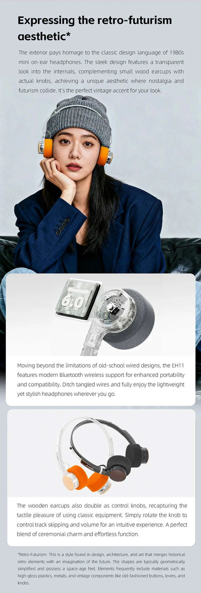 FiiO EH11 Bluetooth On-Ear Headphones with LDAC, 30H Battery & Dual Device-Transparent Black