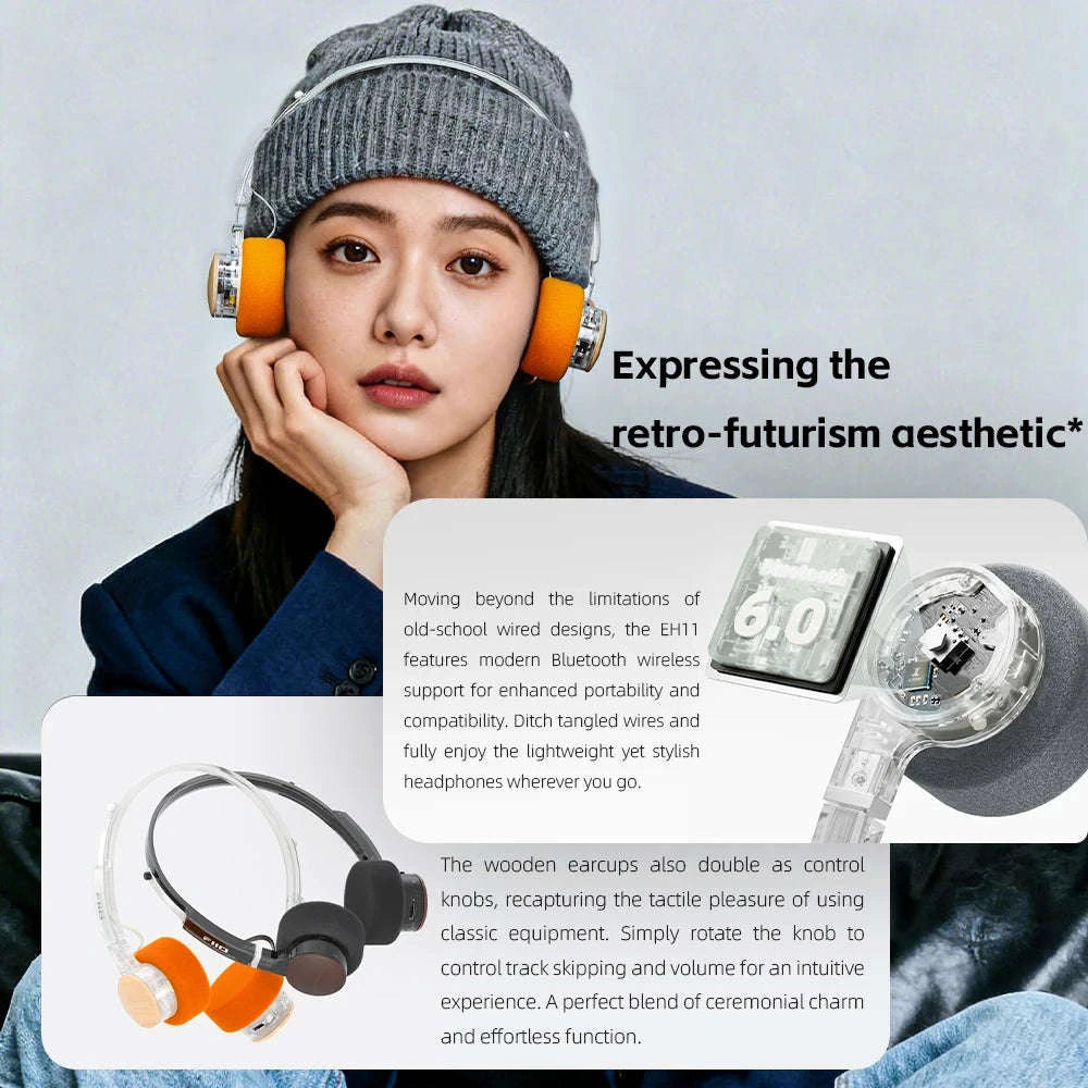 FiiO EH11 Bluetooth On-Ear Headphones with LDAC, 30H Battery & Dual Device-Transparent Black