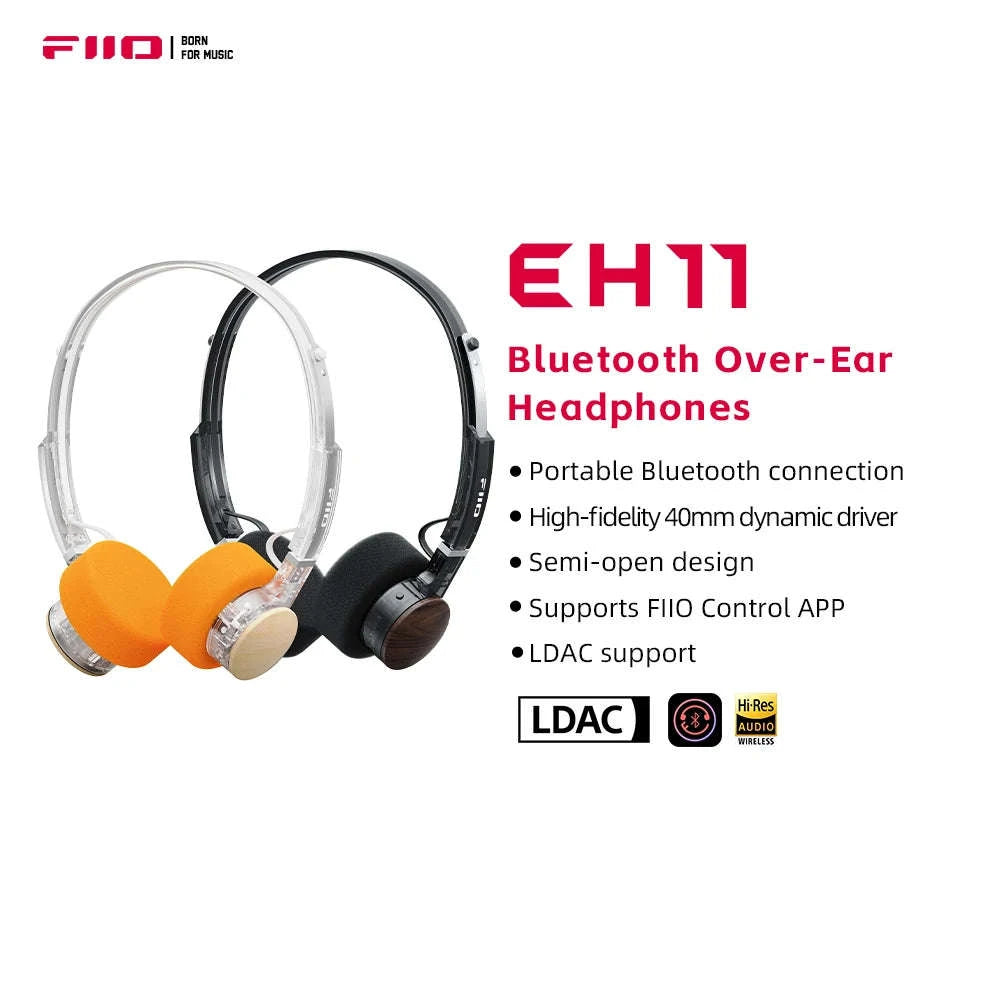 FiiO EH11 Bluetooth On-Ear Headphones with LDAC, 30H Battery & Dual Device-Transparent Black