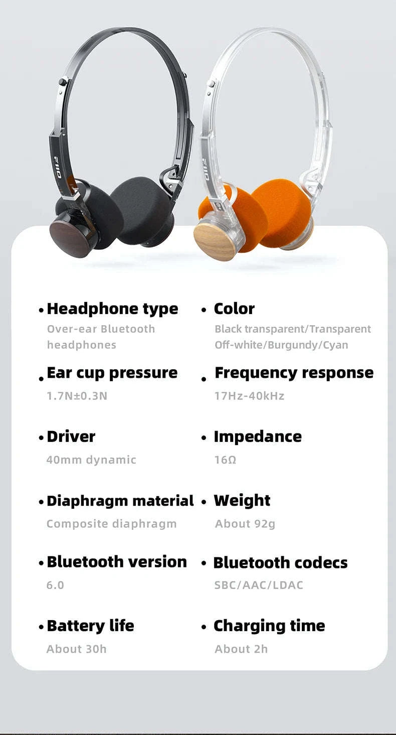 FiiO EH11 Bluetooth On-Ear Headphones with LDAC, 30H Battery & Dual Device-Transparent Black