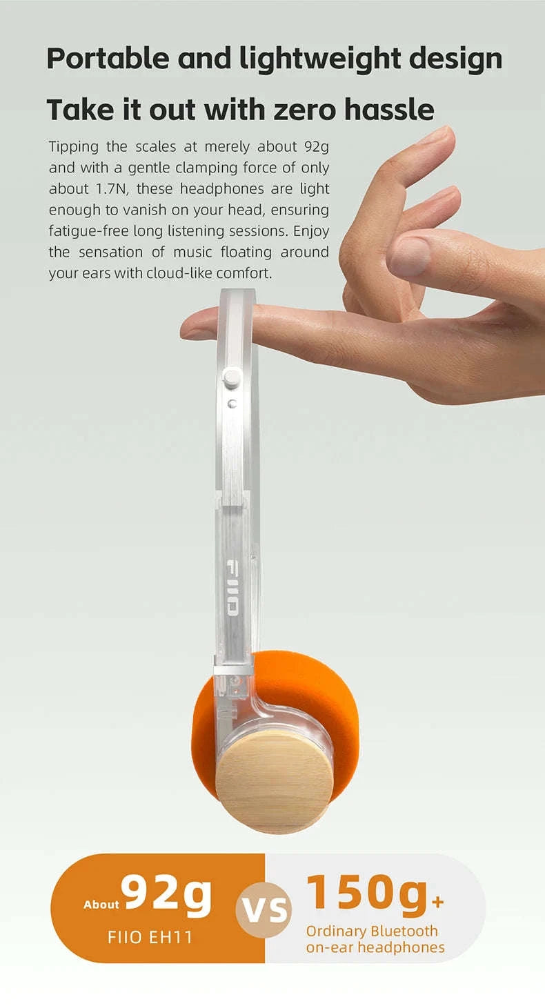 FiiO EH11 Bluetooth On-Ear Headphones with LDAC, 30H Battery & Dual Device-Transparent Black