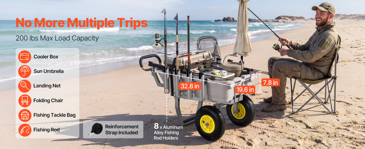 SucceBuy 200 lbs Foldable Beach Fishing Cart with Aluminum Alloy Frame 13in Tires & 8 Rod Holders for Outdoor Camping Picnic