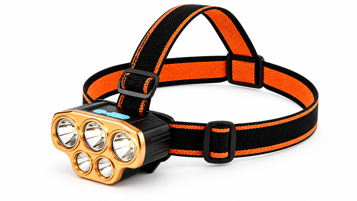 Five LED orange and black headlamp on white background