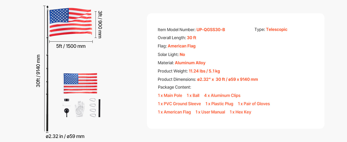 16/20/25/30ft In-Ground Aluminum Flag Pole Kit with Flag