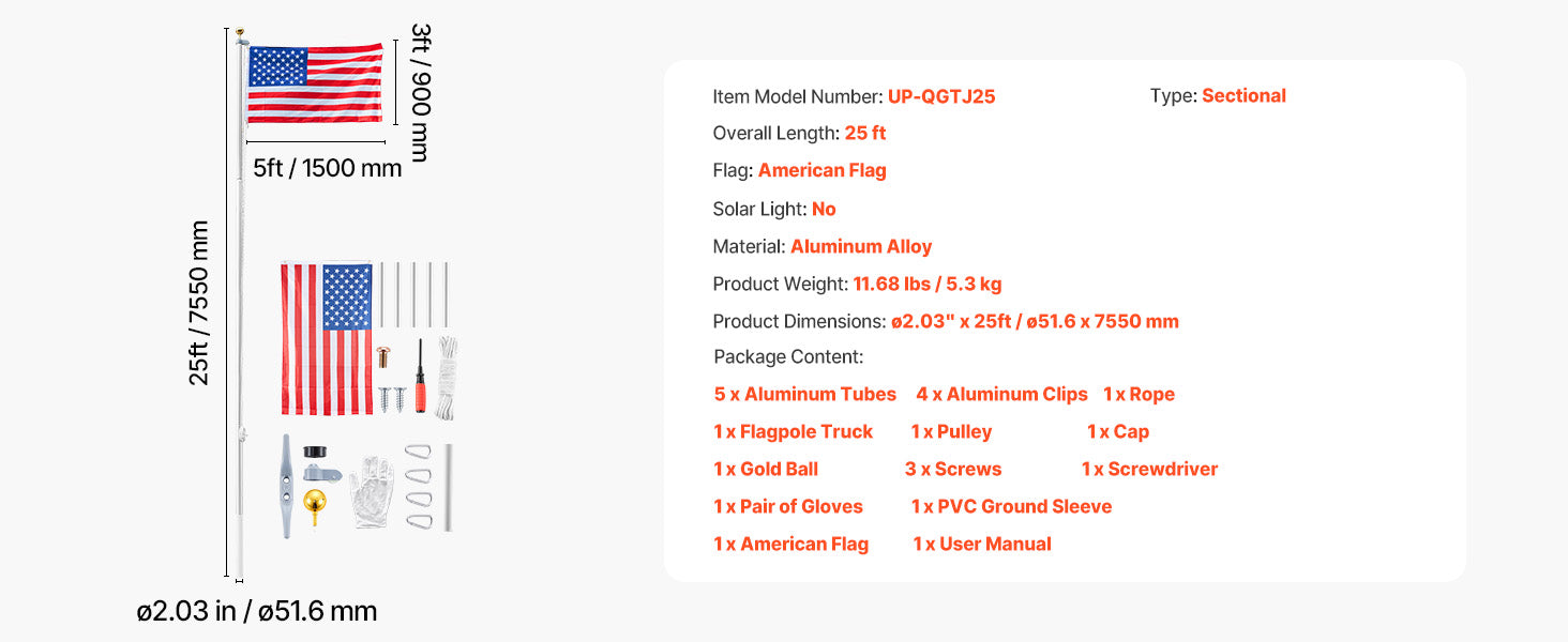 16/20/25/30ft In-Ground Aluminum Flag Pole Kit with Flag