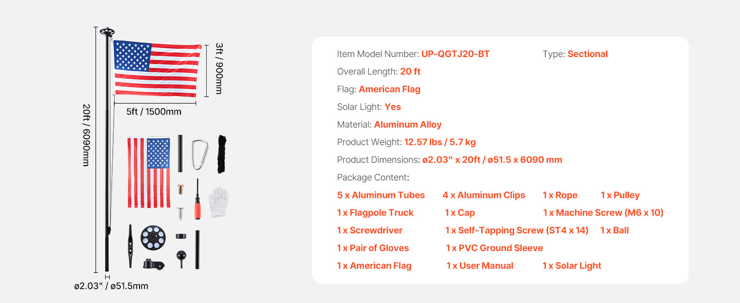 16/20/25/30ft In-Ground Aluminum Flag Pole Kit with Flag