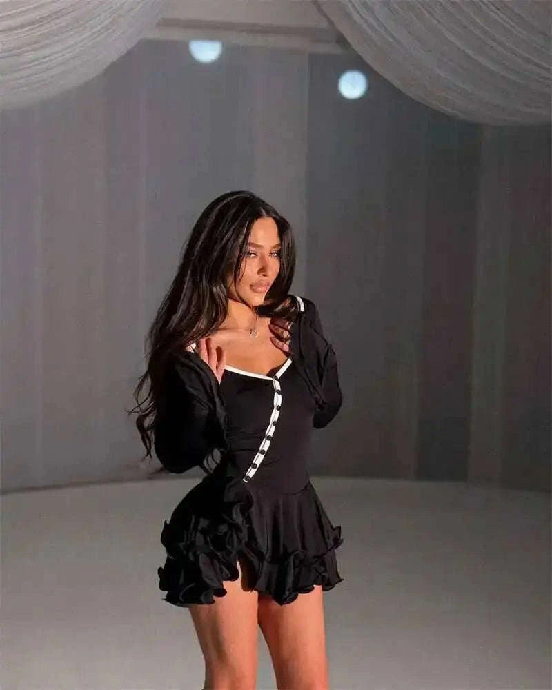 Flare Sleeve Ruffle Mini Dress-Red / M