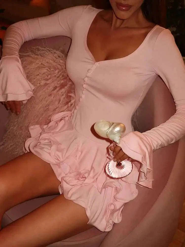 Flare Sleeve Ruffle Mini Dress-Red / M