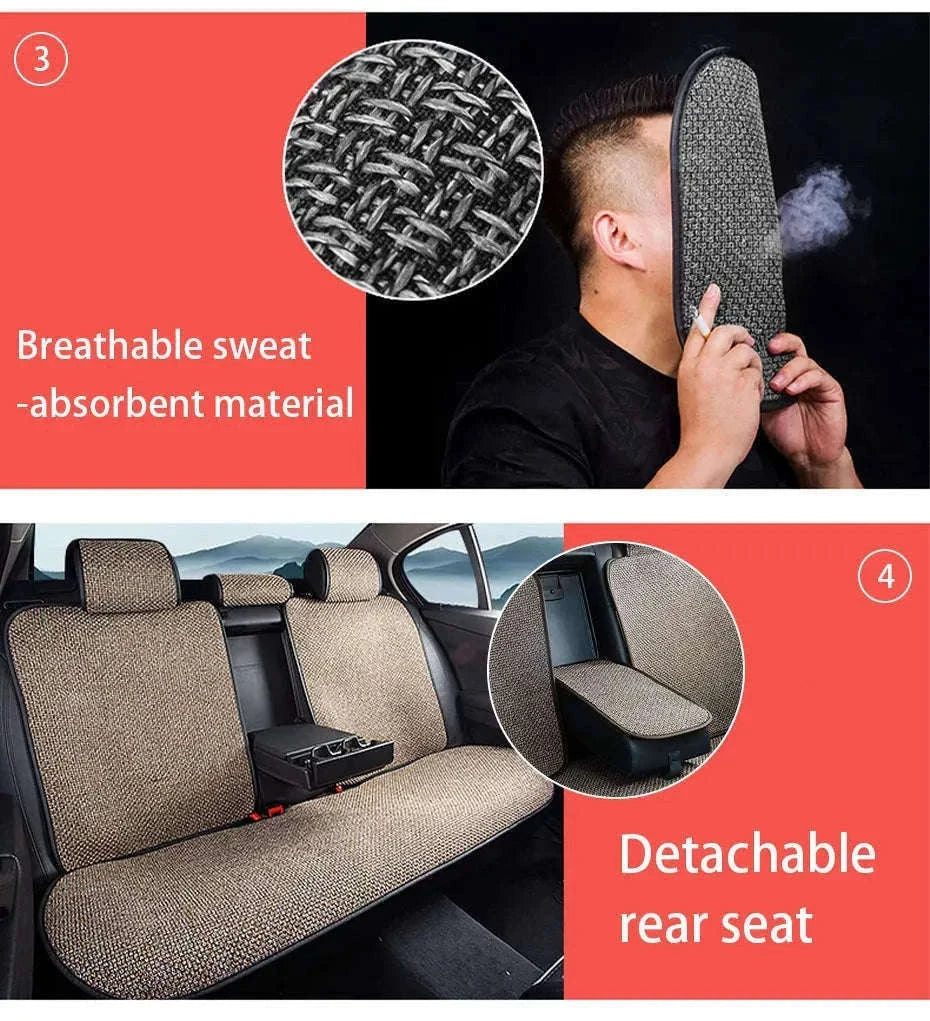 Flax Car Seat Cover Breathable Sweatproof Linen Cushion with Backrest Pad-1PC Rear Coffee