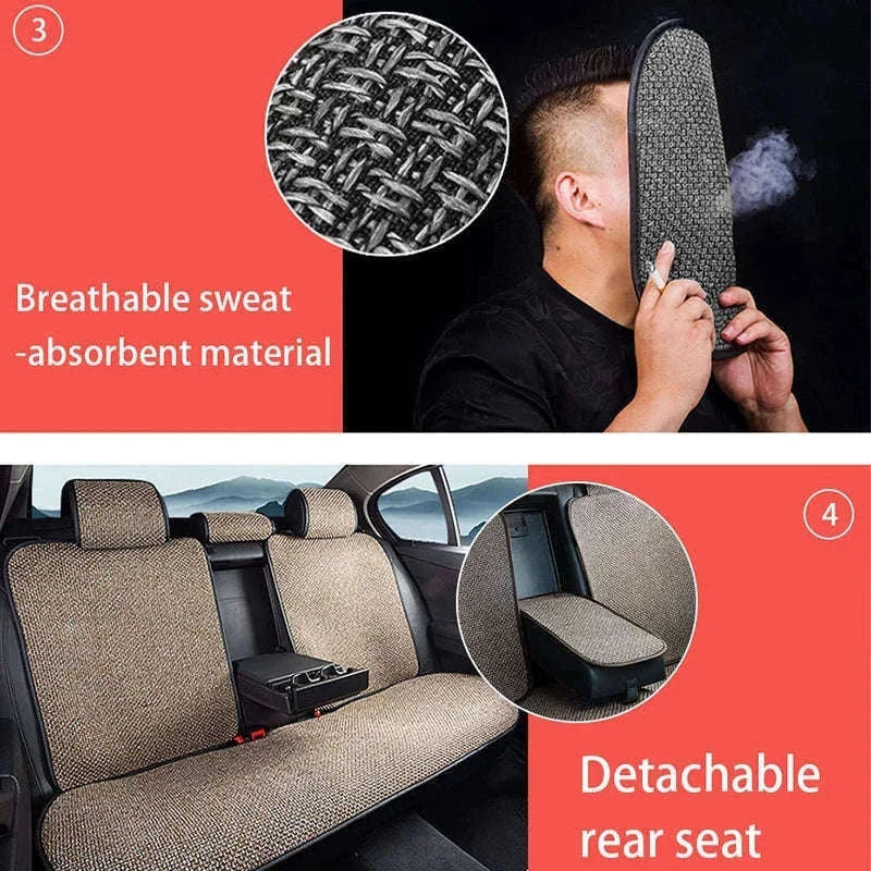 Flax Car Seat Cover Breathable Sweatproof Linen Cushion with Backrest Pad-1PC Rear Coffee