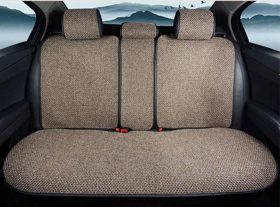 Flax Car Seat Cover Breathable Sweatproof Linen Cushion with Backrest Pad-1PC Rear Coffee