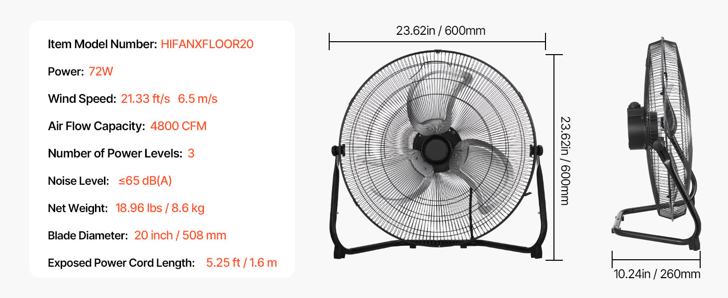 Industrie-Bodenventilator mit hoher Luftgeschwindigkeit 4800 CFM, 3-Gang-Neigefunktion