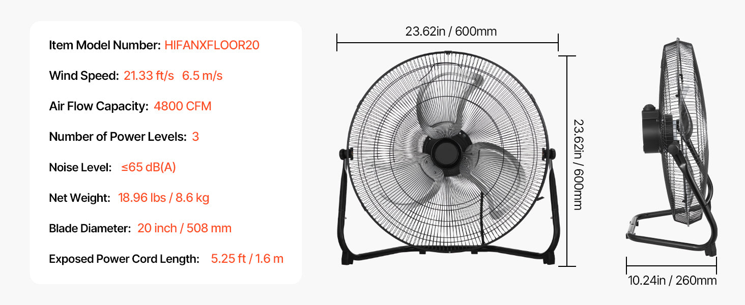 Industrie-Bodenventilator mit hoher Luftgeschwindigkeit 4800 CFM, 3-Gang-Neigefunktion