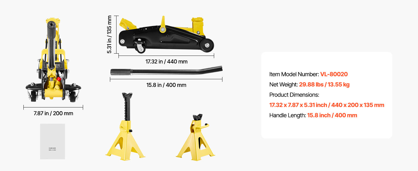 Low Profile Floor Jack with Stands, Steel Hydraulic Car Lift