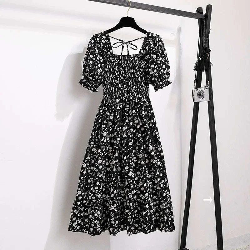Floral Chiffon A-Line Dress with Elastic Waist and Pleated Skirt-kaqixuelianhua / One size