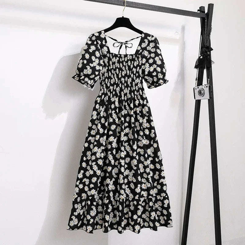 Floral Chiffon A-Line Dress with Elastic Waist and Pleated Skirt-kaqixuelianhua / One size