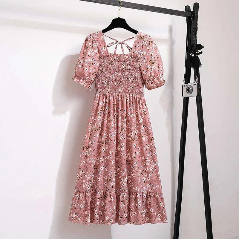 Floral Chiffon A-Line Dress with Elastic Waist and Pleated Skirt-kaqixuelianhua / One size