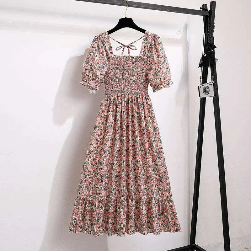Floral Chiffon A-Line Dress with Elastic Waist and Pleated Skirt-kaqixuelianhua / One size