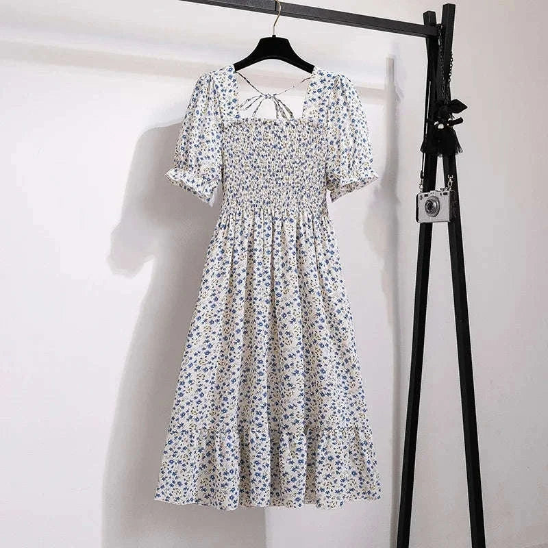 Floral Chiffon A-Line Dress with Elastic Waist and Pleated Skirt-kaqixuelianhua / One size