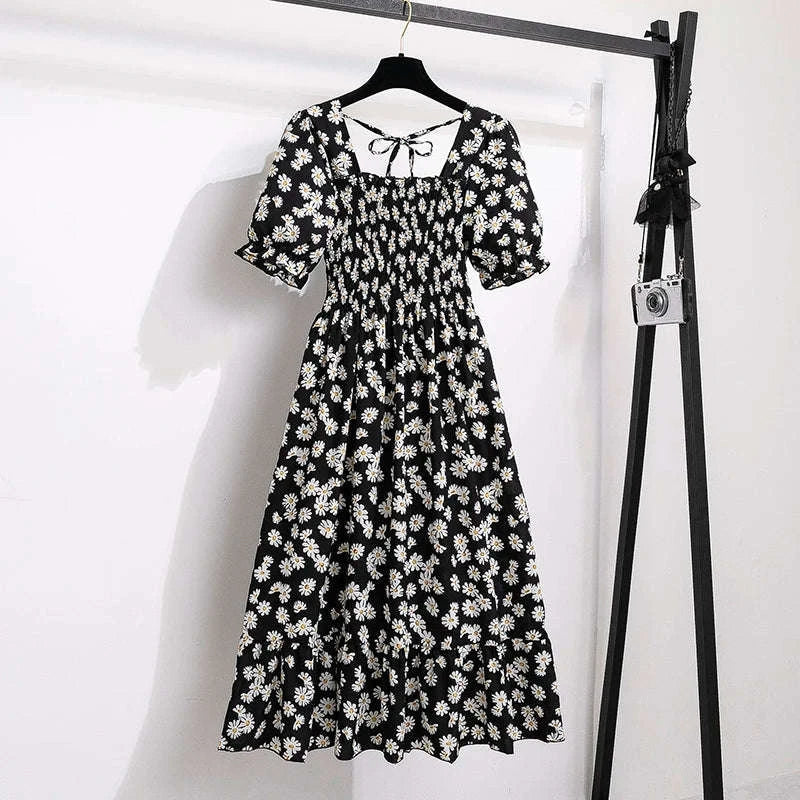 Floral Chiffon A-Line Dress with Elastic Waist and Pleated Skirt-kaqixuelianhua / One size