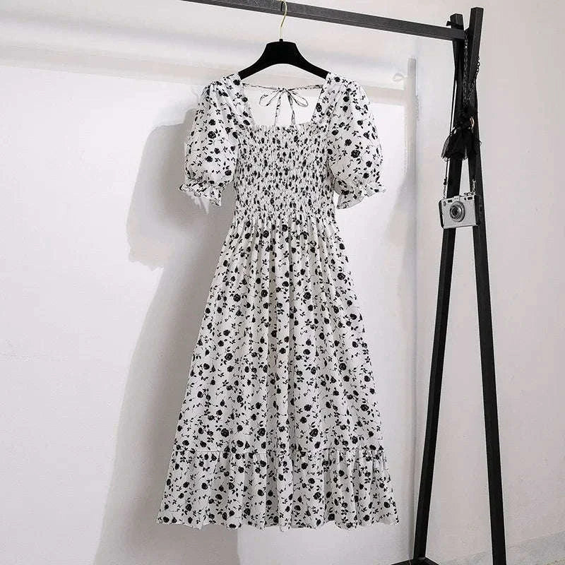 Floral Chiffon A-Line Dress with Elastic Waist and Pleated Skirt-kaqixuelianhua / One size