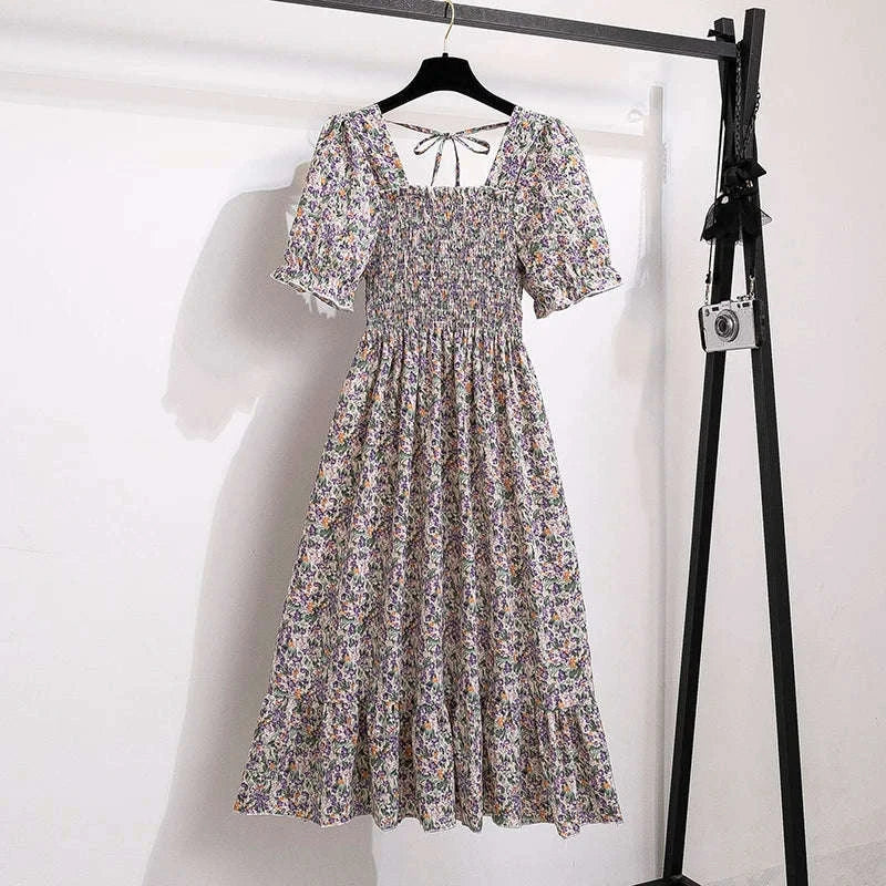 Floral Chiffon A-Line Dress with Elastic Waist and Pleated Skirt-kaqixuelianhua / One size