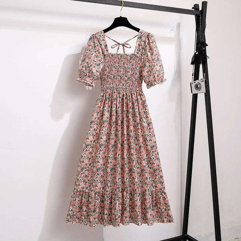 Floral Chiffon A-Line Dress with Elastic Waist and Pleated Skirt-kaqixuelianhua / One size