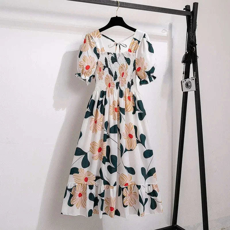 Floral Chiffon A-Line Dress with Elastic Waist and Pleated Skirt-kaqixuelianhua / One size