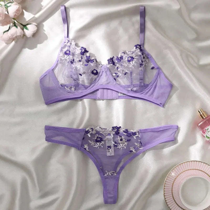 Floral Embroidery Lingerie Set-270-shenzise / M