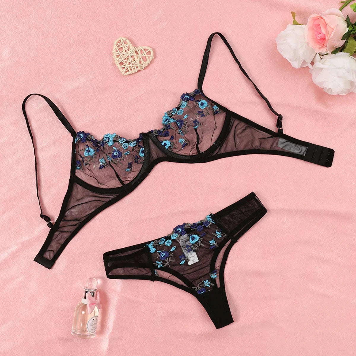 Floral Embroidery Lingerie Set-270-shenzise / M