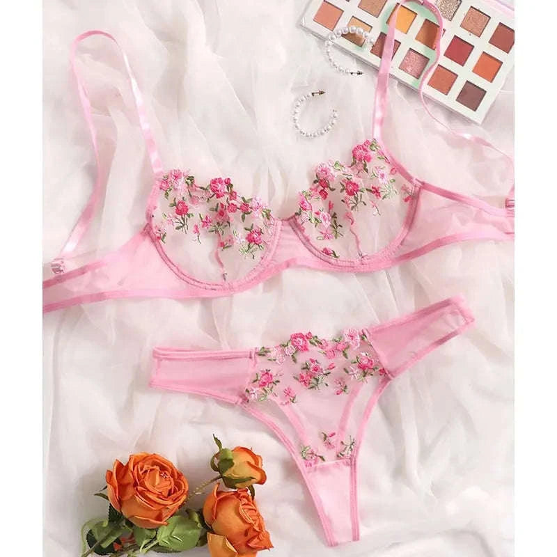 Floral Embroidery Lingerie Set-270-shenzise / M