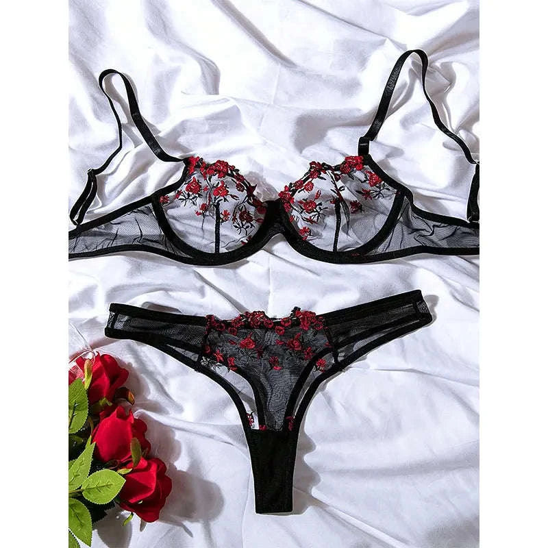Floral Embroidery Lingerie Set-270-shenzise / M