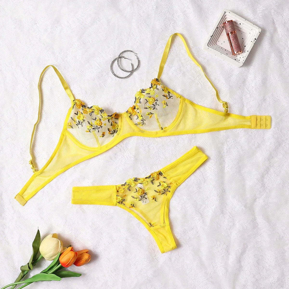 Floral Embroidery Lingerie Set-270-shenzise / M